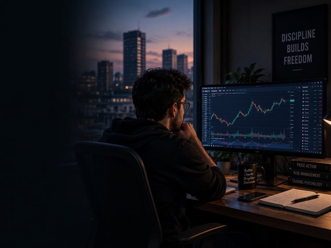 Trader studying candlestick charts at a desk overlooking the city at dusk
